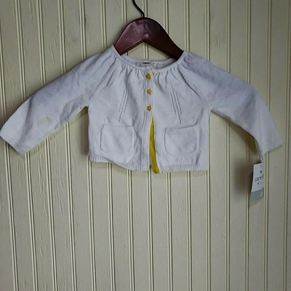 Carter's Cardigan Sweater Girls 3-6 Months White Knit Pockets Button Front